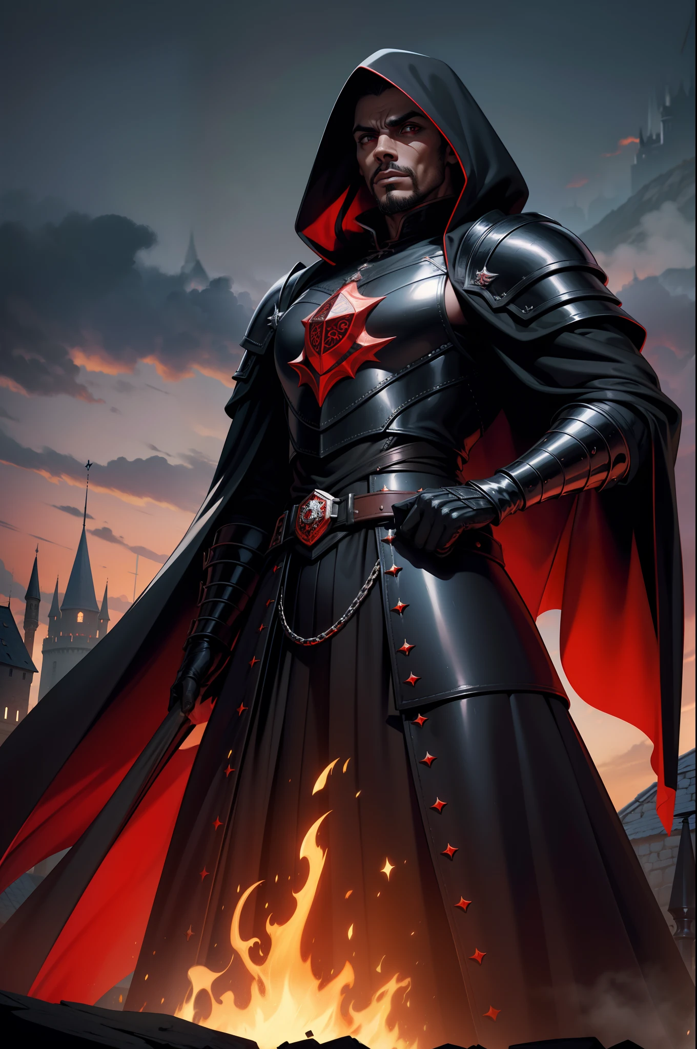 A black adult wizard in black gothic armor with red and gray details, magnifica, shining, in an imposing position, olhando de cima de uma pedra elevada, serious facial expression, capuz, robe, Medieval castle behind with black and red clouds, anoitecer, armadura detalhada, roupas com glifos arcanos, poderoso, 8k