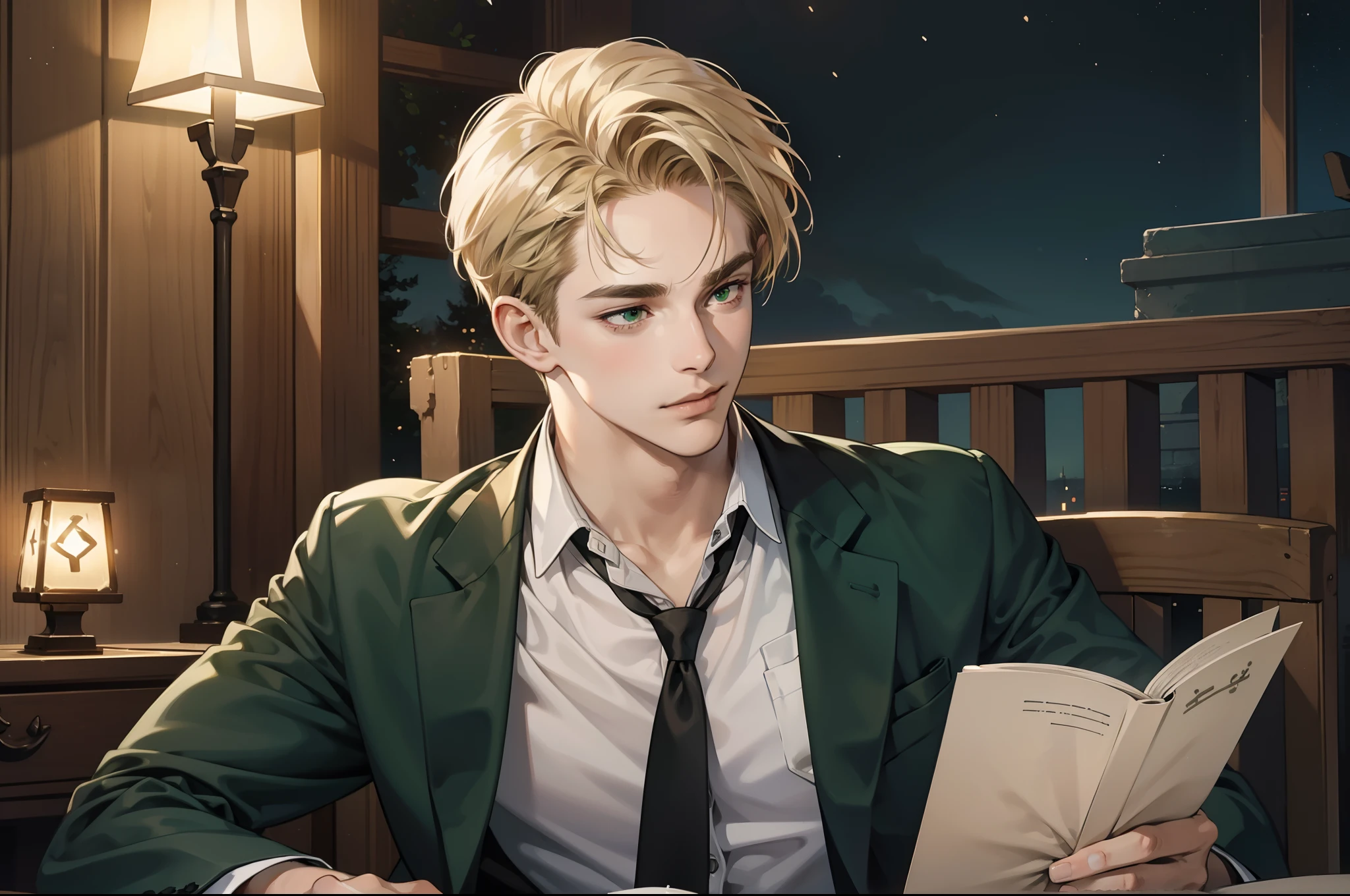 masterpiece, best quality, realistic, 1man, mature male, quiet and charming young man, 18 years old, close his eyes, smirk, closed mouth, extremely detailed face, a little distant, ((dark green eyes)), ((short-side-swept sandy blonde hair)), [thick eyebrows], ((Studying ancient rune)), 4K, cool light setting, (in the night), (suit), 1 person