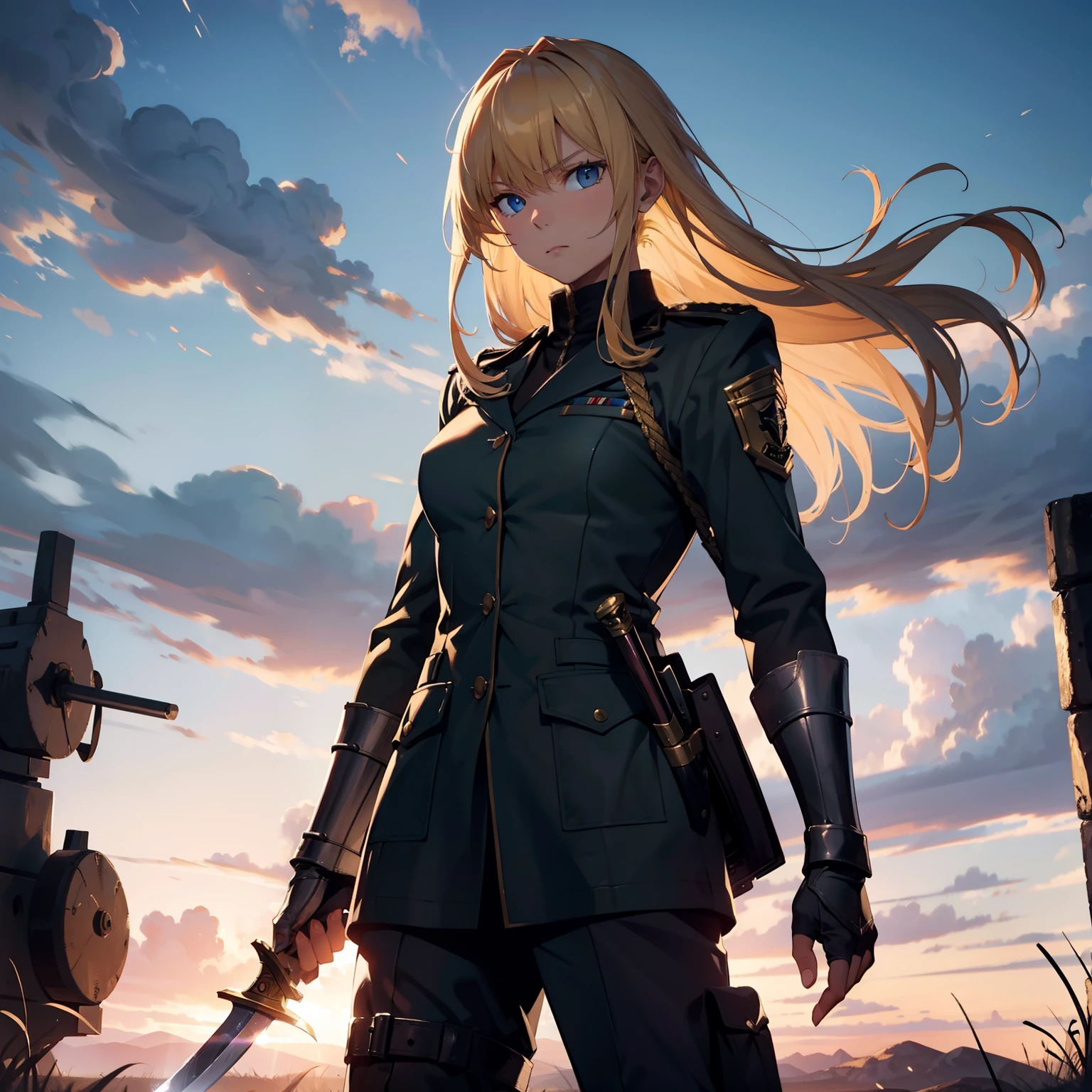masterpiece, high quality, blond hair, having a big sword, wearing a combat uniform, (background: battlefield), standing with a tense expression
