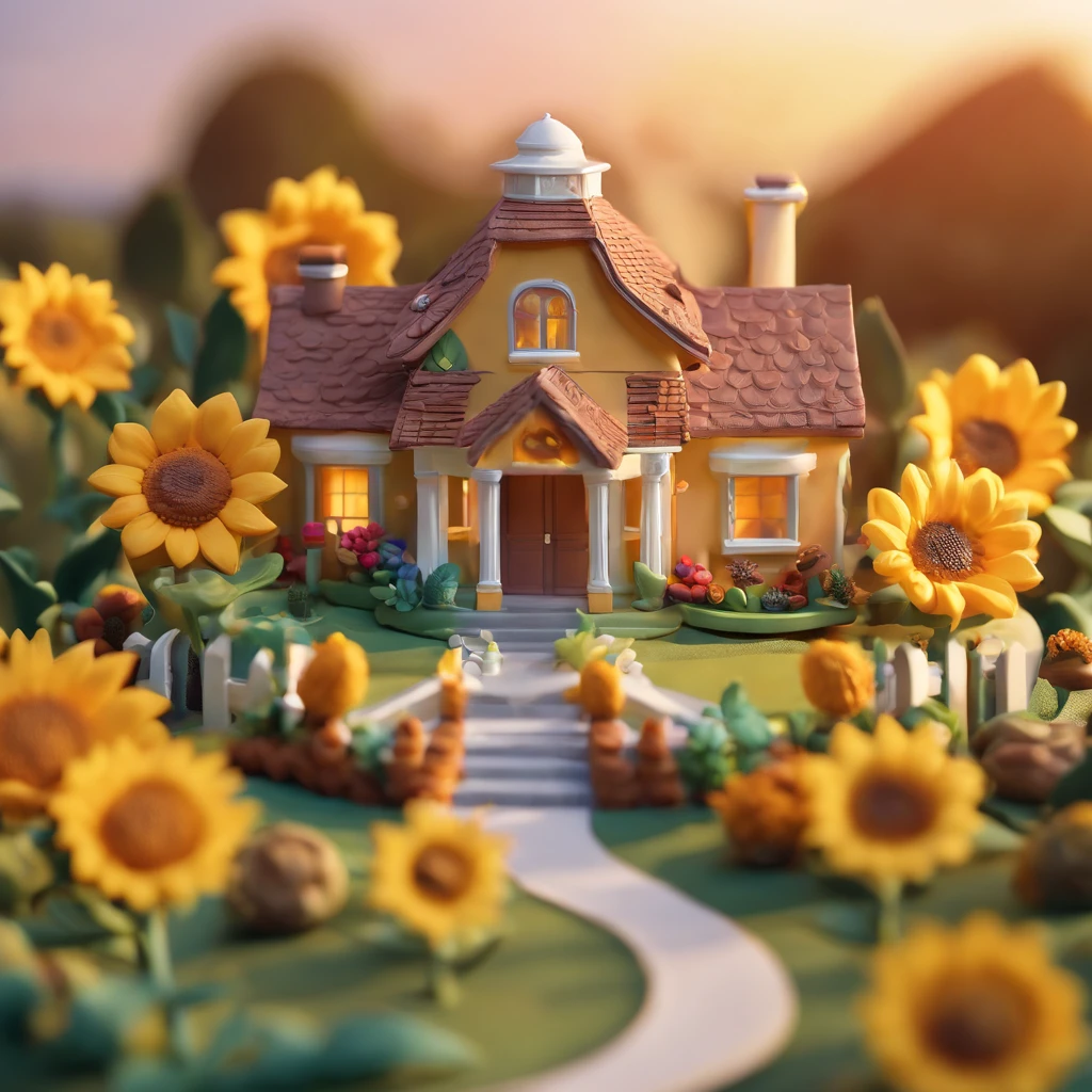 Sunflower House Gloria Studio, The garden is full of sunflowers, Clay material, Cartoon design style, pop mart, Soft lighting, Smooth lines, tilt shift lens, Detailed science fiction illustration, Hyper-realistic details, warm color