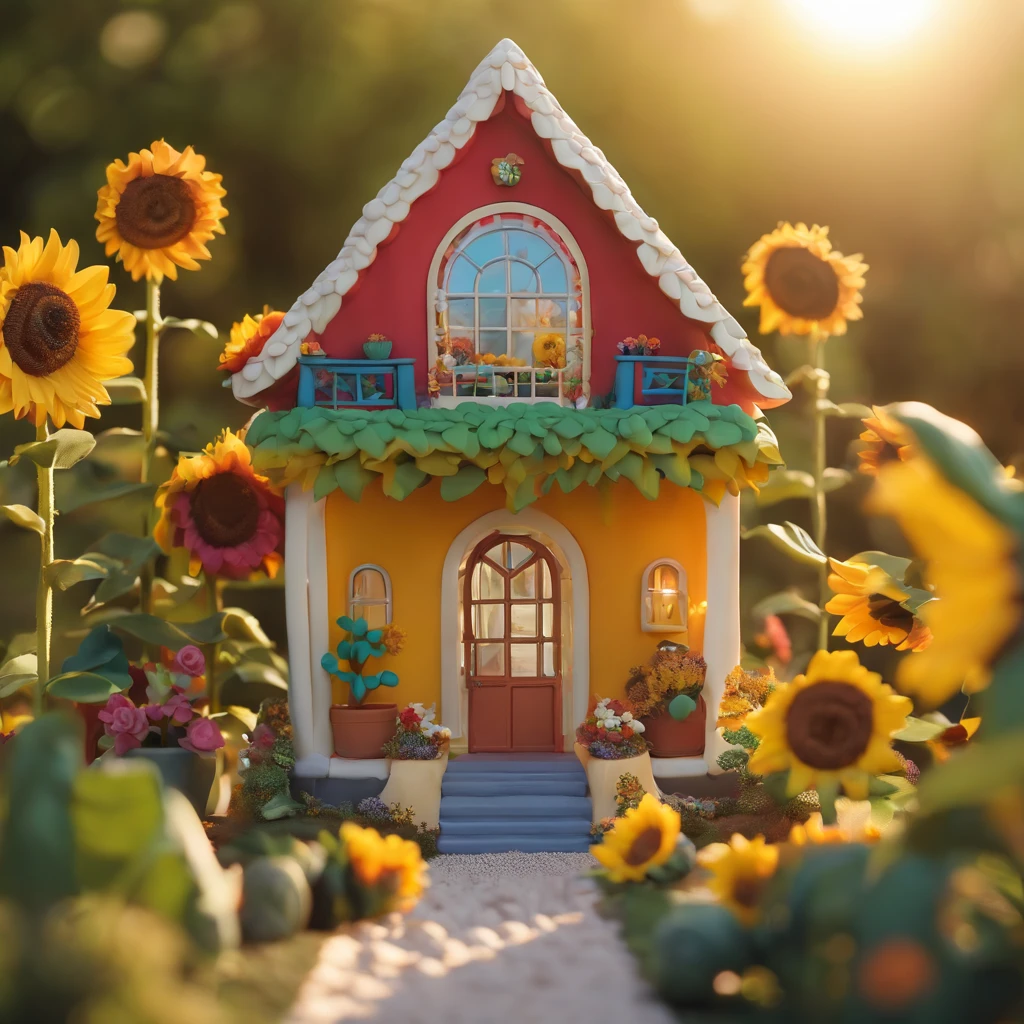 Sunflower House Gloria Studio, The garden is full of sunflowers, Clay material, Cartoon design style, pop mart, Soft lighting, Smooth lines, tilt shift lens, Detailed science fiction illustration, Hyper-realistic details, warm color