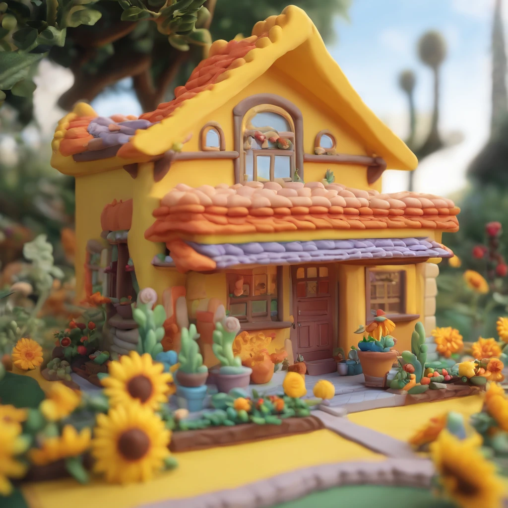 Sunflower House Gloria Studio, The garden is full of sunflowers, Clay material, Cartoon design style, pop mart, Soft lighting, Smooth lines, tilt shift lens, Detailed science fiction illustration, Hyper-realistic details, warm color