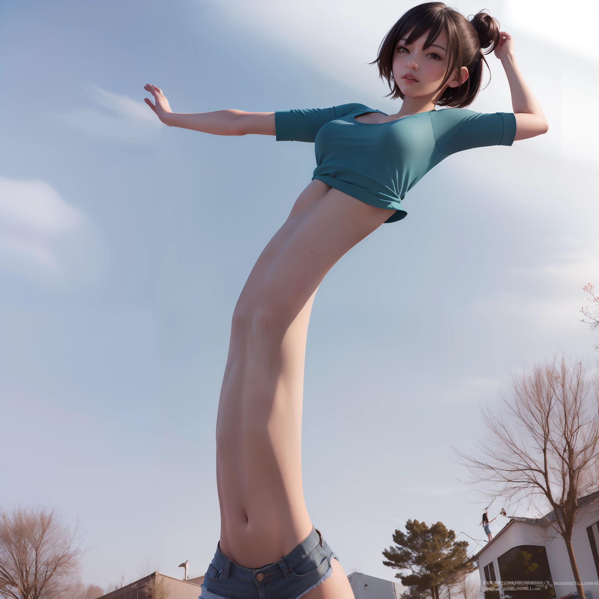 best quality, ultra detailed, pretty girl, short dark hair, casual clothing, tall, slender frame, (longtorso:1.2), reaching upwards, stretching arms upwards