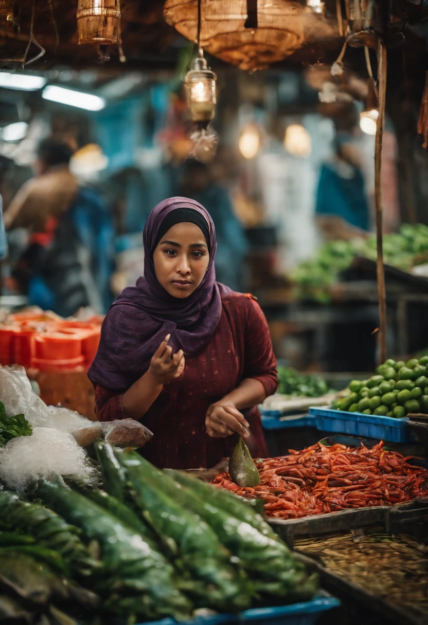 Malay girl in hijab buying fish in wet market