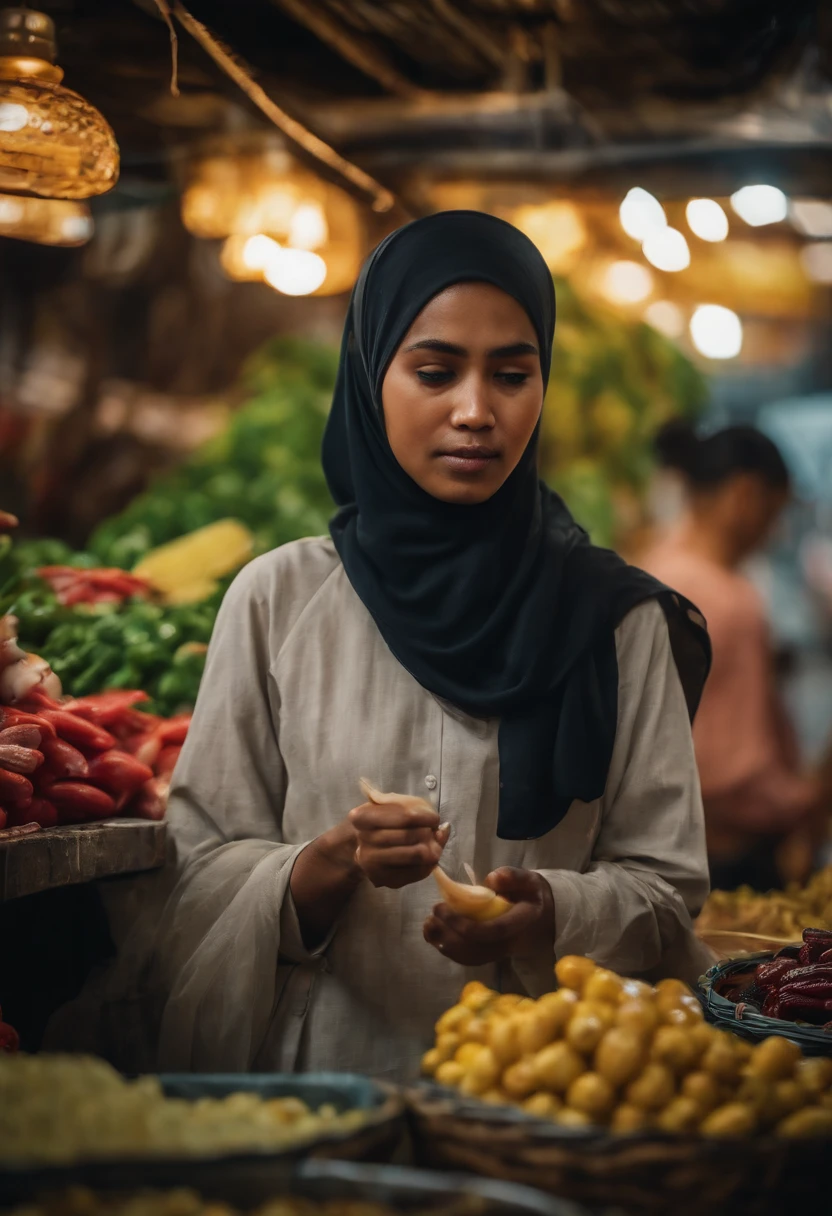 Malay girl in hijab buying fish in wet market