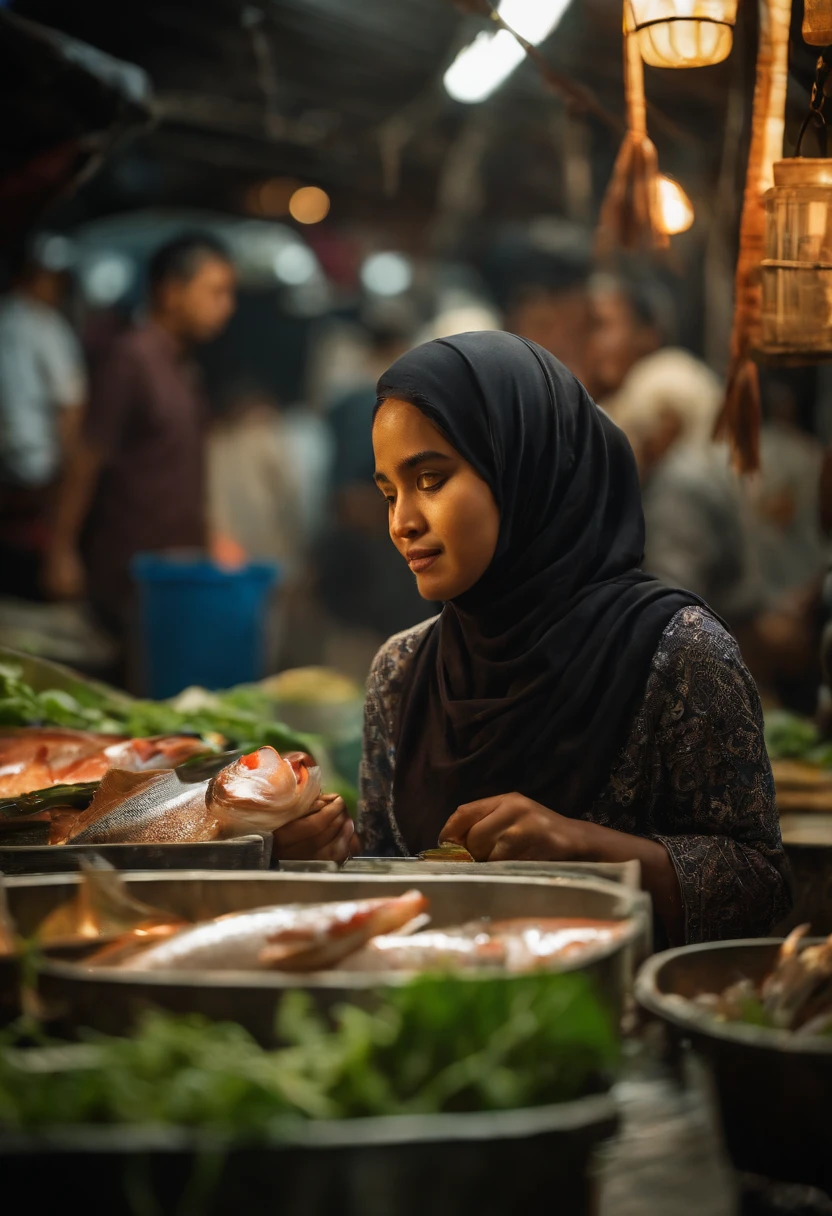 Beautiful young Malay girl in hijab buying fish in wet market