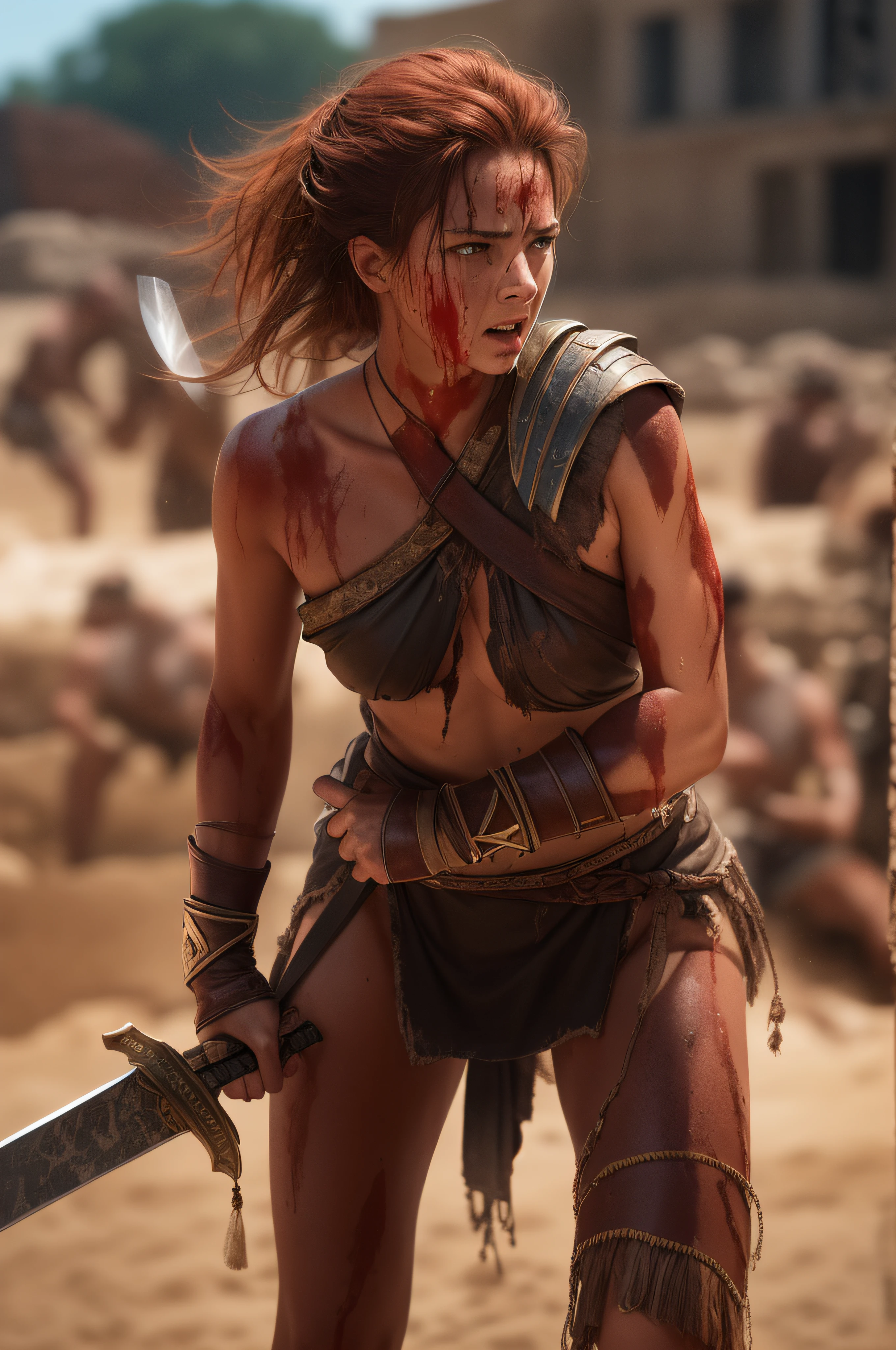 A naked tanned red-haired woman warrior with dark brown, her skin is dripping with sweat and is dirty, filthy, and with large bloodstains, She has a deep sword wound on her left shoulder, dressed only in an animal skin loincloth, and an energy sword attacked by a two gladiators. very dramatic, cinematic shot, shot from a movie, cinema composition shot, very detailed, high resolution, professional color, wonderful light, daylight, 300k resolution, highly realistic, lots of details.