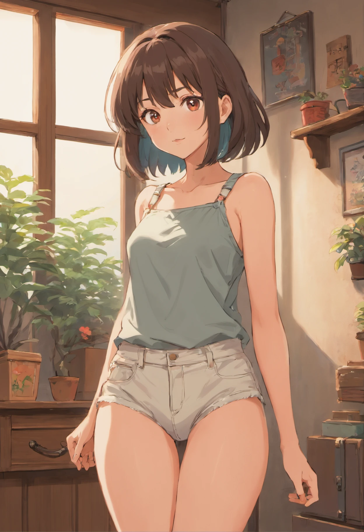 Mujer, cuerpo completo, de pie, hermosa, sexy, cabello negro, flequillo cuadrado, blusa tirantes beige de encaje , mini short mezclilla sexy, tanga roja, zapatos de tacon alto color plateado