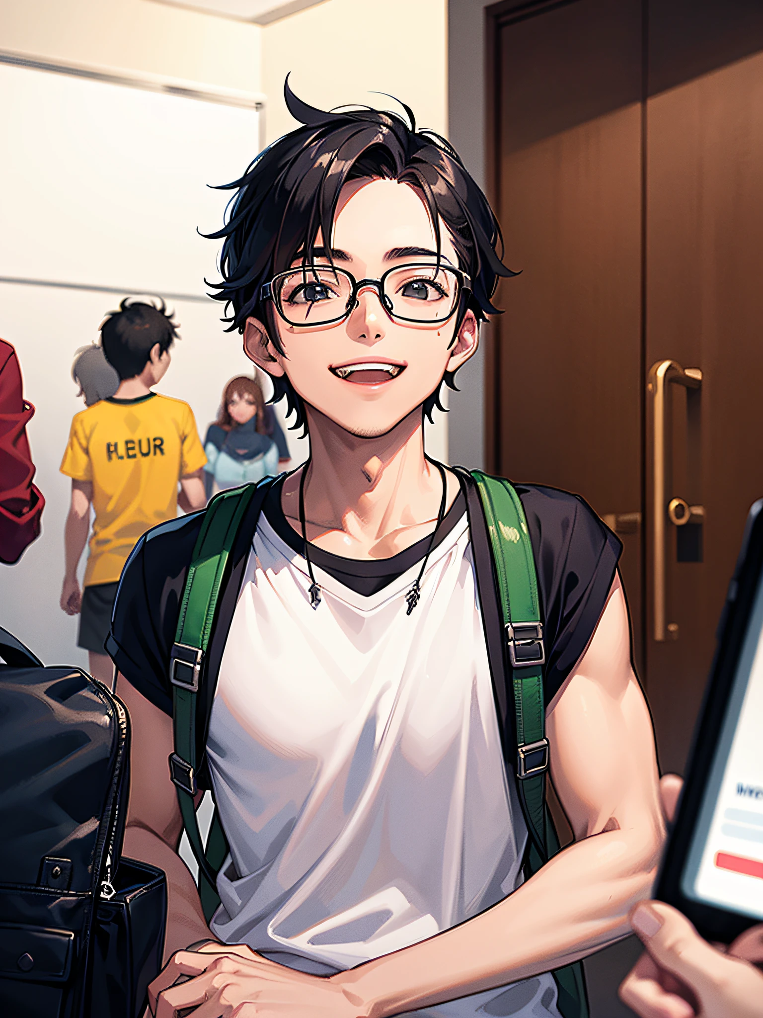 There's a man with glasses and a backpack, leve sorriso nerd, leve sorriso nerd desajeitado, caio santos, bonito ligeiramente nerd sorriso, muito ligeiramente sorridente, Ando Tadao, Nick Silva, diego fernandez, Johnny Silverhand, com seus longos cabelos pretos, ligeiramente sorridente, In Sao Paulo, Alejandro, levemente musculoso, he is at college