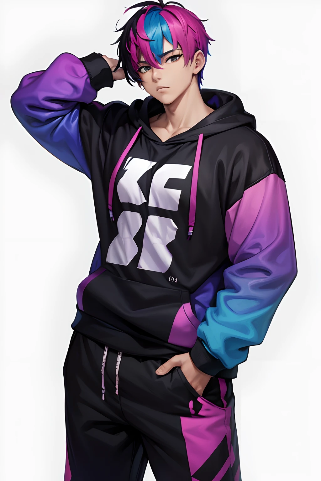 paint, boy, muscular, colourful hair, colourful clothes, covered body, heavy clothes, palet in hand, bruh, black gradient, hoodie, pants