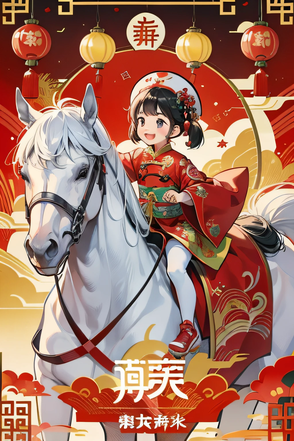 Pass the image of a happy horse A child in Chinese costume with red festive cute poster celebrating the New Year Festive atmosphere The words of the year of the horse are commercial There is an atmosphere of joy of the New Year happy by the traditional Chinese horse has