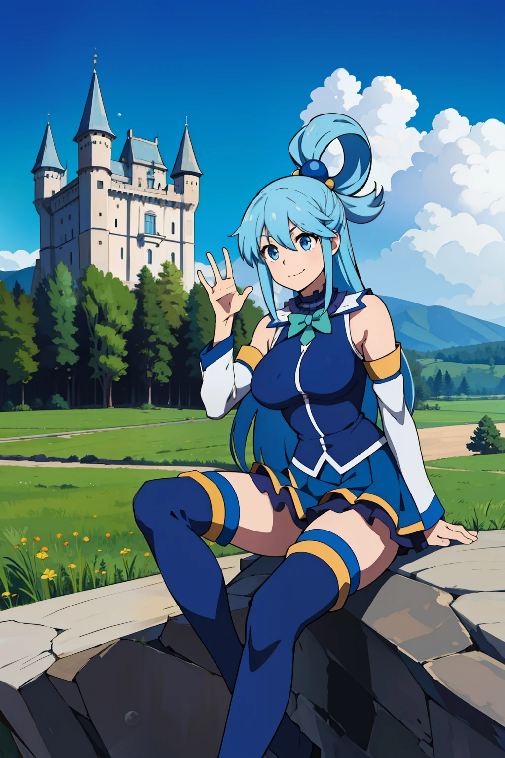 (masterpiece,vibrant,detailed,highres) aqua \(konosuba\) blue eyes, blue footwear, blue hair, blue thighhighs, boots, breasts, bubble, white detached sleeves, hair ornament, hair rings, long hair, medium breasts, single hair ring, skirt, solo, thigh boots, thighhighs, very long hair, white thighhighs, kono subarashii sekai ni shukufuku wo!, smile, grassland, dilapidated castle in distant, blue sky, sitting on a rock