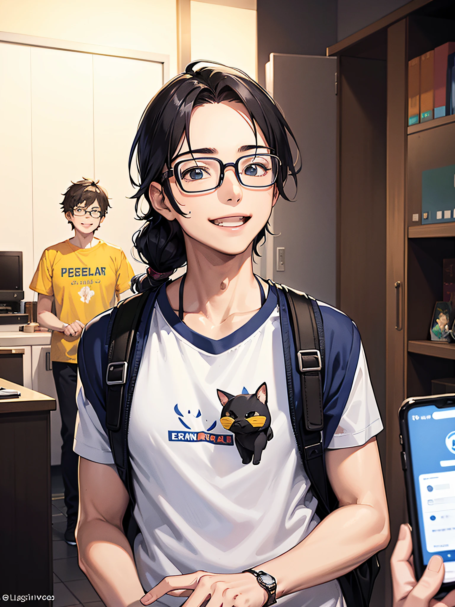 There's a man with glasses and a backpack, leve sorriso nerd, leve sorriso nerd desajeitado, caio santos, bonito ligeiramente nerd sorriso, muito ligeiramente sorridente, Ando Tadao, Nick Silva, diego fernandez, Johnny Silverhand, com seus longos cabelos pretos, ligeiramente sorridente, In Sao Paulo, Alejandro, levemente musculoso, he is at college