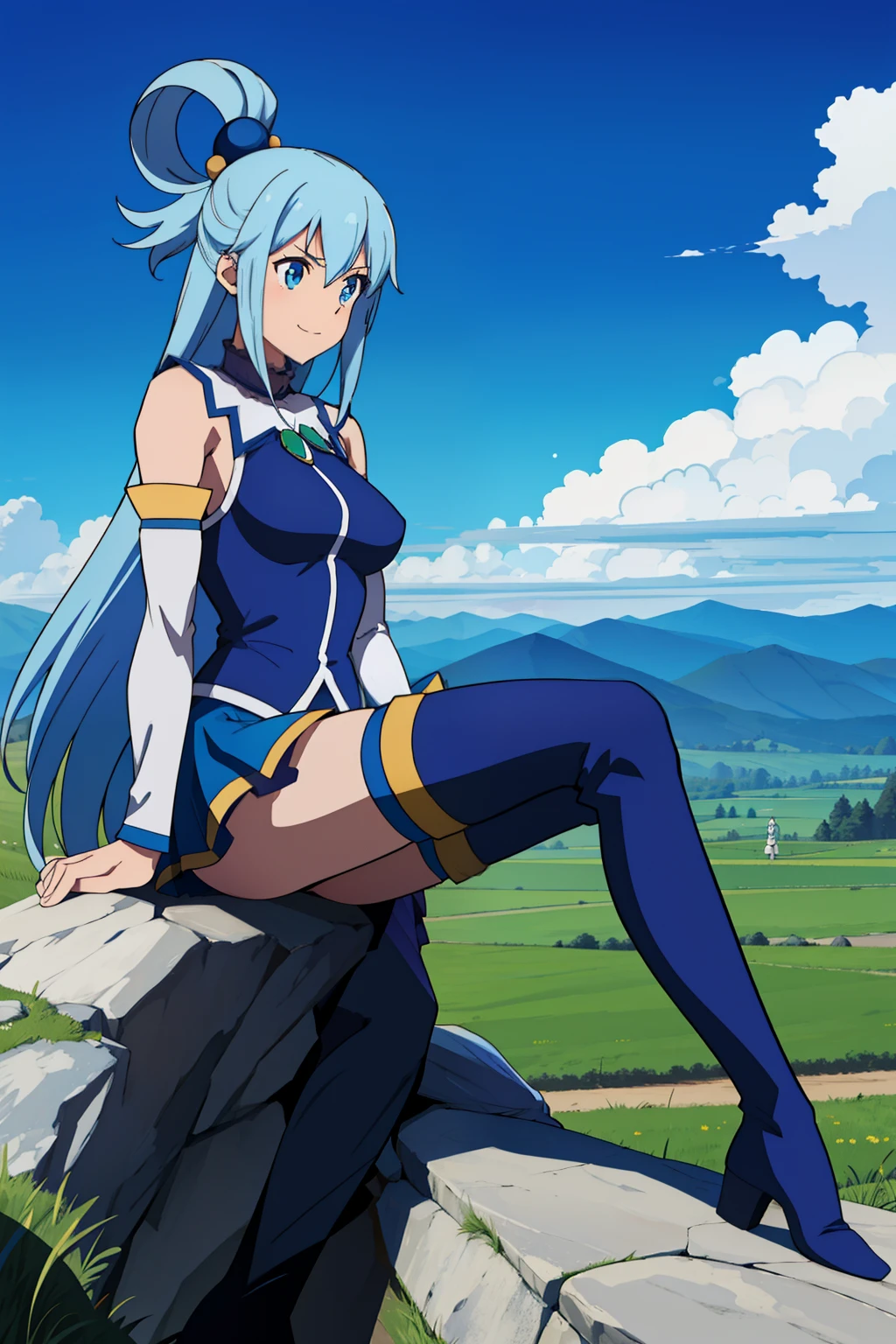 (masterpiece,vibrant,detailed,highres) aqua \(konosuba\) blue eyes, blue footwear, blue hair, blue thighhighs, boots, breasts, bubble, white detached sleeves, hair ornament, hair rings, long hair, medium breasts, single hair ring, skirt, solo, thigh boots, thighhighs, very long hair, white thighhighs, kono subarashii sekai ni shukufuku wo!, smile, grassland, dilapidated castle in distant, blue sky, sitting on a rock