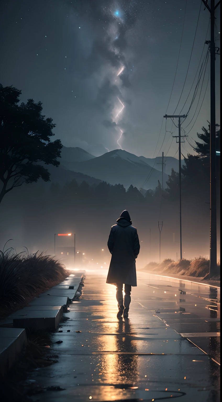 The heavy rain drenched the lonely back of the night