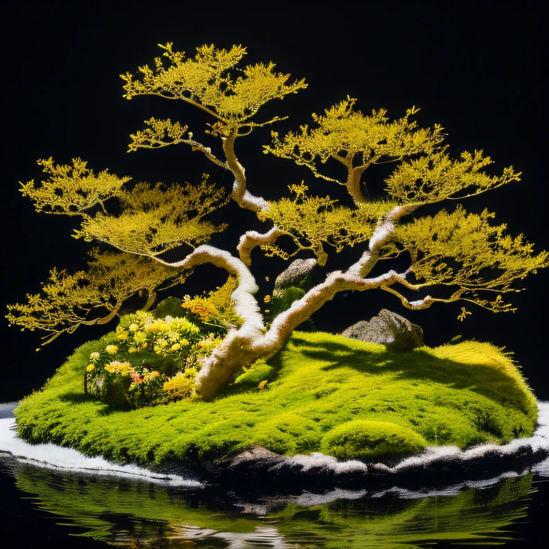 fresh flowers,floral arrangements,Artistically,Black and white stone,flowingwater,Golden Ginkgo,30cm HD landscape,moss,zen feeling