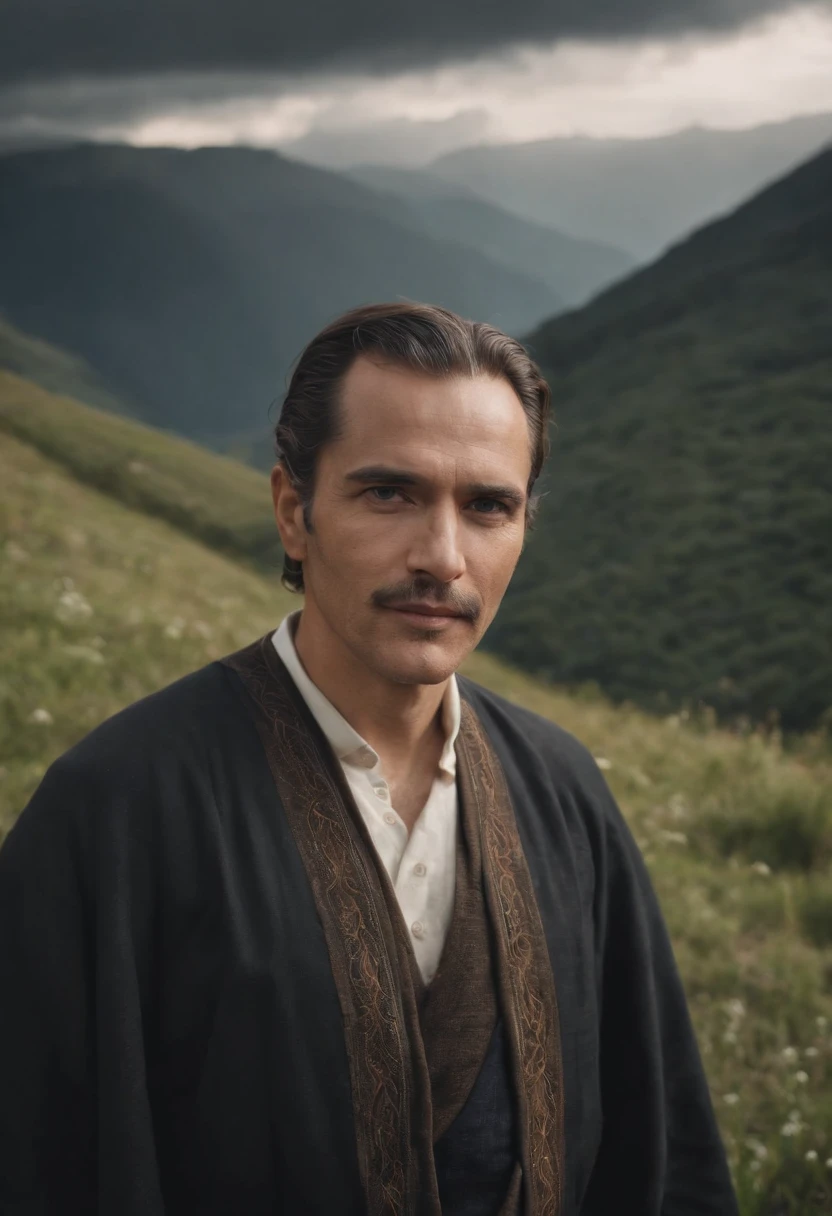 Velho de barba, Profeta, tunic, corpo inteiro, with a stormy sky and mountains in the background. Visionary man, philosopher, sage or prophet. cinematographic effect. Criado com a tecnologia Generative AI.