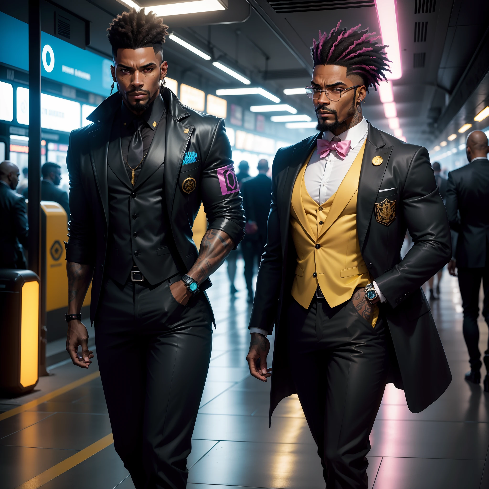 I'd like a cyberpunk style image in 4k average photo of three black characters ,40 anos de idade,,africano, forte, musculoso, de pele negra ,barba grande,barba, Estiloso Barbon,com cabelo punk estilo anos 80 na cor amarelo e cinza escuro,muito eLegante,, futurista e estiloso neon , com uma tatuagem super colorida e com neon ,Toattoo, facing a metro station on the platform , with station lights failing in a dimly lit environment, standing dressed in a dark yellow suit with a pink bow tie and baggy shirt.