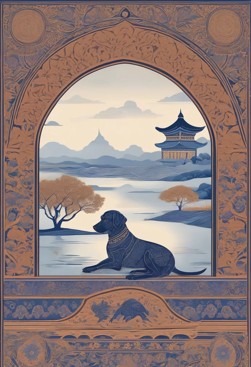 the dog is in bluein this paper cut illustration, in the style of eastern-inspired motifs, lith printing, eye-catching tags, precisionist lines, light purple and cblue, clean and sharp inking, terracotta medallions