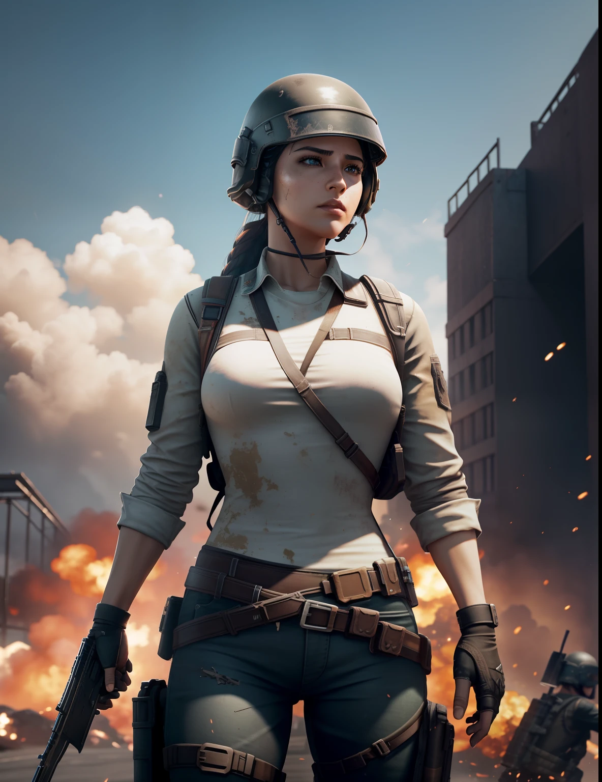 PUBG MOBILE, Cinematic lighting, , realismo, Luminismo, Cinematic lighting, eye level shot, Ultra-Grande Angular, Detalhes altos, Premiado, best quality, 16k, ccurate, retina, UHD, pele texturizada, Super Detalhe