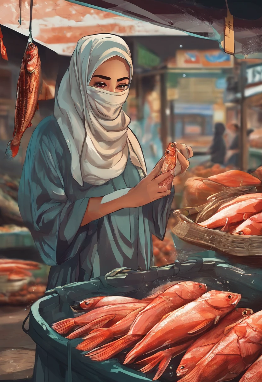 Beautiful young Malay girl in hijab buying fish in wet market