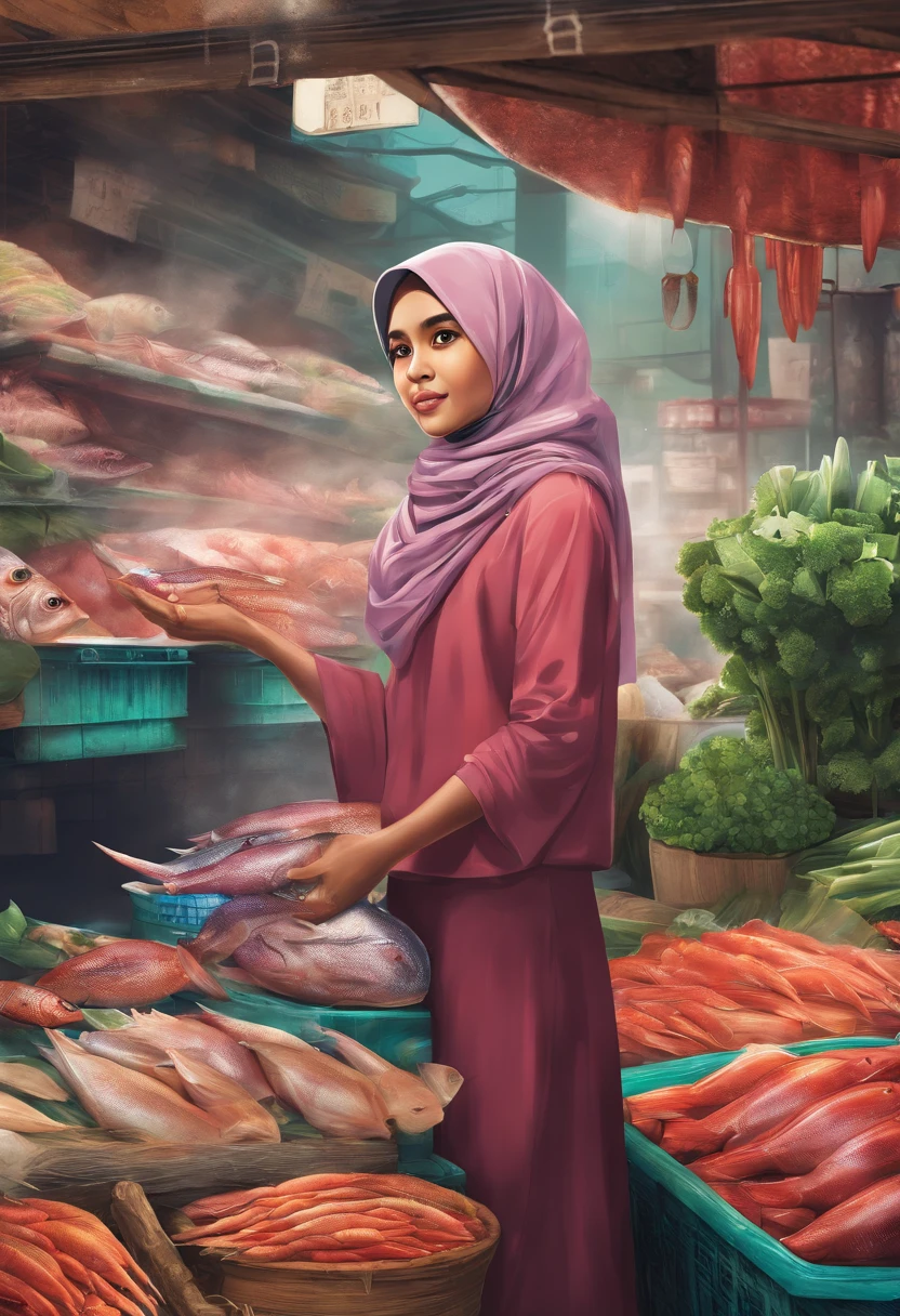 Beautiful young Malay girl in hijab buying fish in wet market