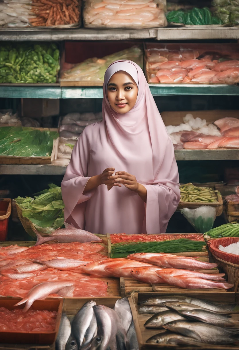 Beautiful young Malay girl in hijab buying fish in wet market