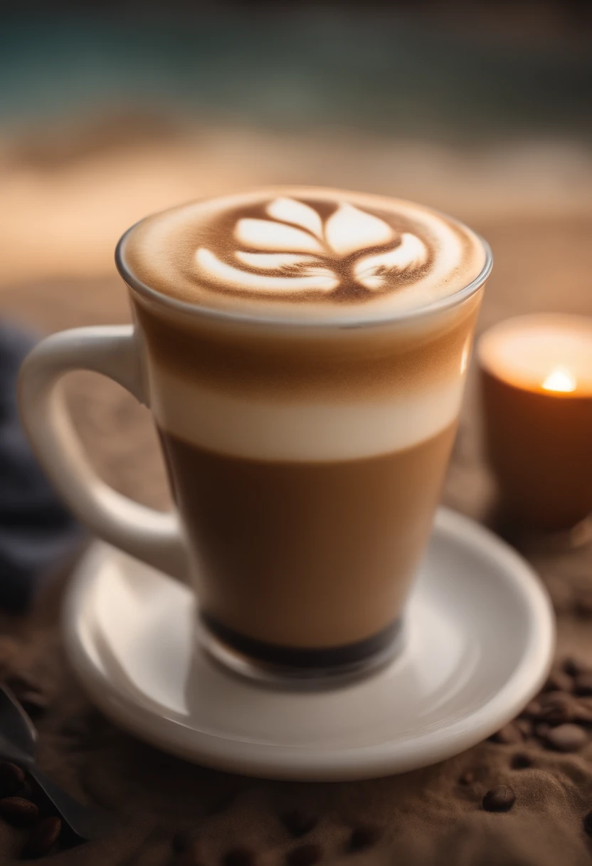 coffee art, amazing unique, cat, Latte Art, beach background, (8k, best quality, masterpiece:1.2), (realistic, photo-realistic:1.5),((ultra-detailed))