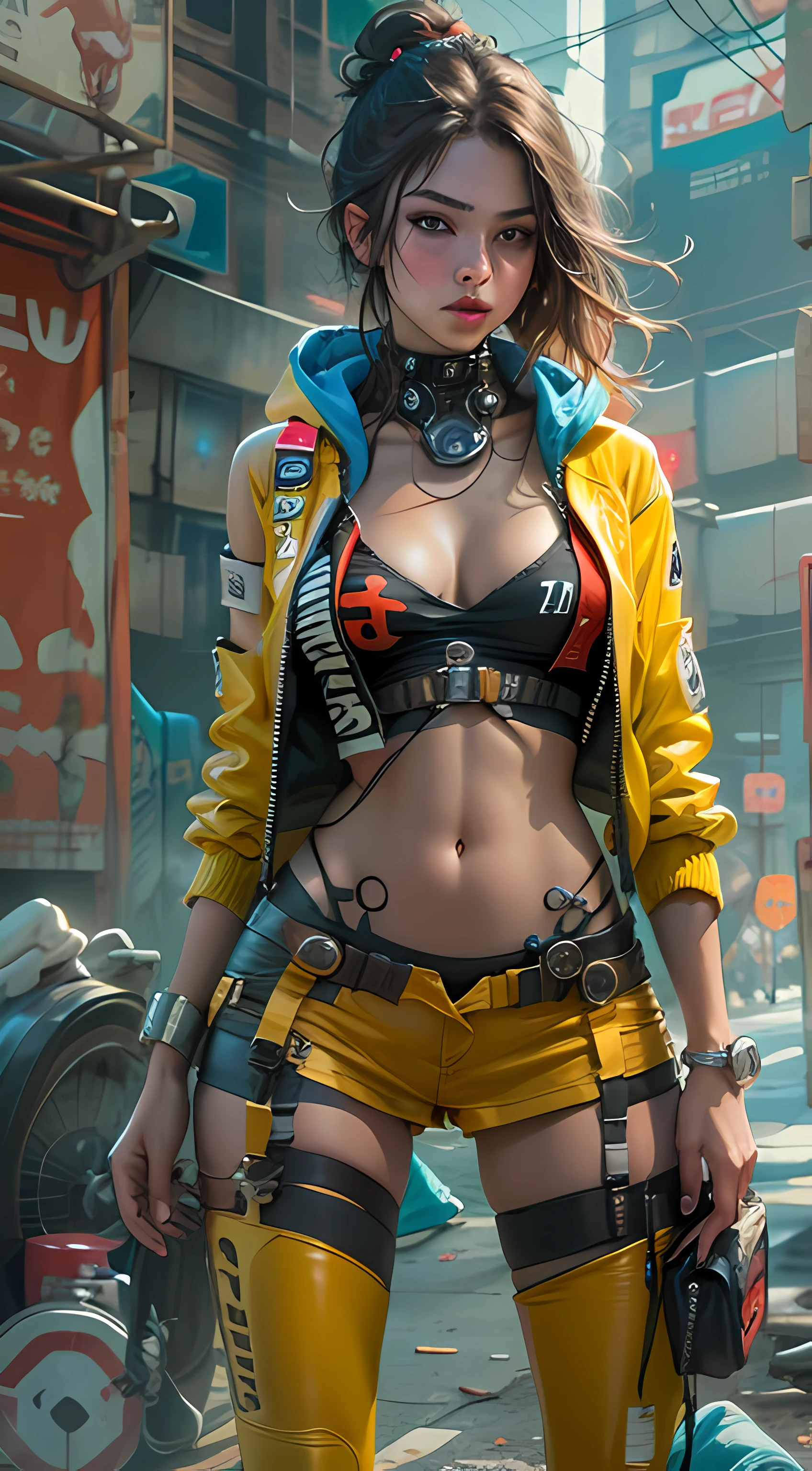 motor irreal:1.4,CG ultra realista 64K, fotorrealista:1.4, textura de la piel:1.4, obra maestra:1.4,Hermosa mujer con lingeries  babydoll、Ropa corta estilo cyberpunk color amarillo, pantimedias red , mini skirt blue,