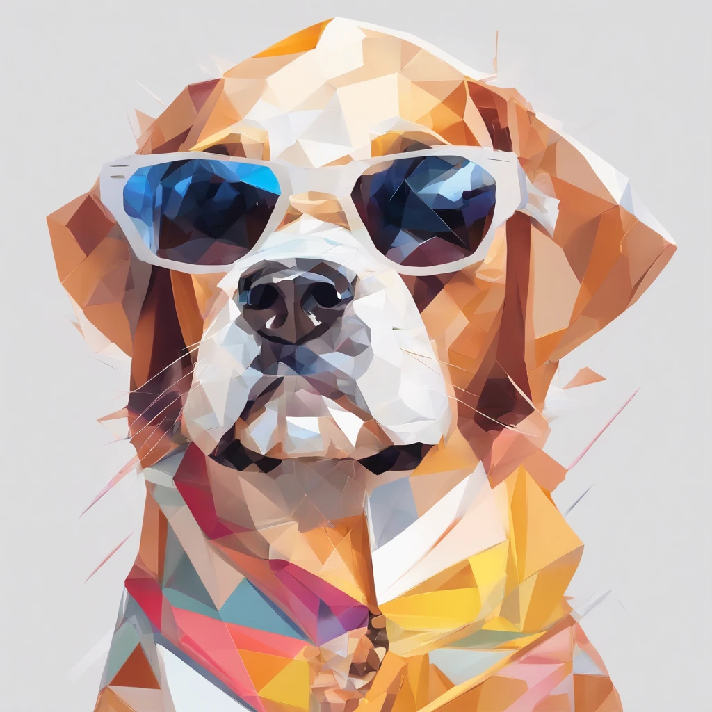 Perfect alignment, Cute puppy wearing jacket,crystal vases,Rose flower, Wearing sunglasses, cheerfulness, Standing position, Abstract beauty, Centered, Looking at the camera, Facing the camera, nearing perfection, Dynamic, Highly detailed, smooth, Sharp focus, 8K, high definition resolution, illustration, Art by Carne Griffiths and Wadim Kashin, White background