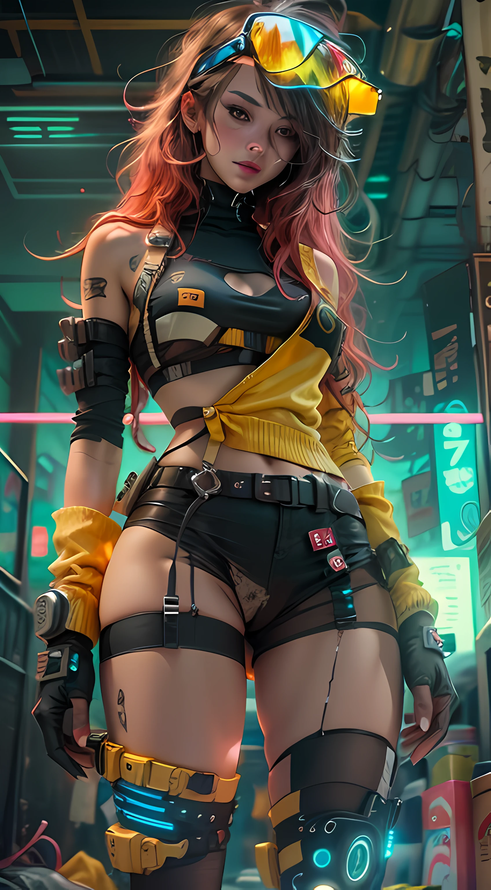 motor irreal:1.4,CG ultra realista 64K, fotorrealista:1.4, textura de la piel:1.4, obra maestra:1.4,Hermosa mujer con lingeries babydoll、Ropa corta estilo cyberpunk color amarillo, pantimedias red , mini skirt blue,