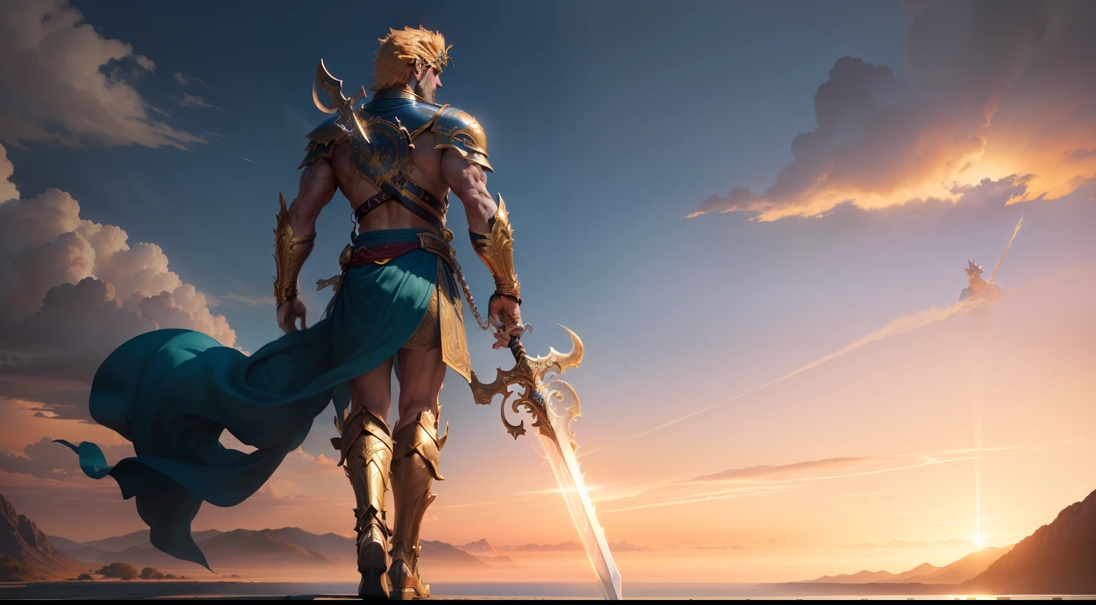 (best quality, highres),perseus walking forward,holding a sword,heroic figure,shiny armor,golden helmet,glistening sword,muscular physique,mythical warrior,strong and confident stride,determined expression,fierce warrior,stylish footwear,scenic background,sunset lighting,vibrant colors,dramatic atmosphere,legendary hero,mythological scene
