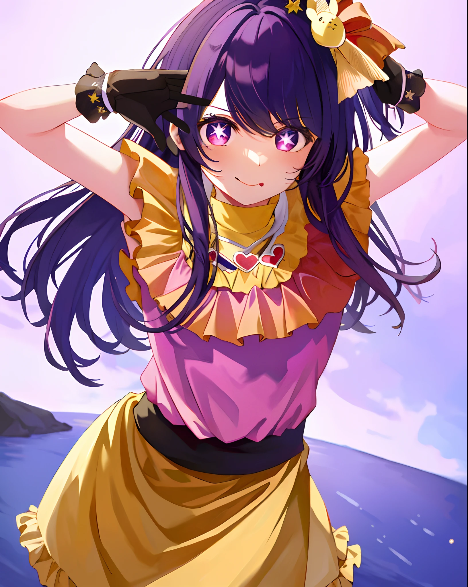 1girl, full body, cowboy shot,
(Rembrandt), illustration, (masterpiece), (best quality), (ultra_detailed), finely detail, (Depth of field),
HshinoAi,gloves, tongue out, tongue, long hair, star \(symbol\), looking at viewer, (purple hair:1.2), purple eyes, upper body, hair ornament, :p, frills, pink shirt, smile, sleeveless, shirt, idol, symbol-shaped pupils, hands up, bangs, one side up, star-shaped pupils, arms up,
dress pull,
Roaring Twenties, isometric, from above, sky, flower, cliff,