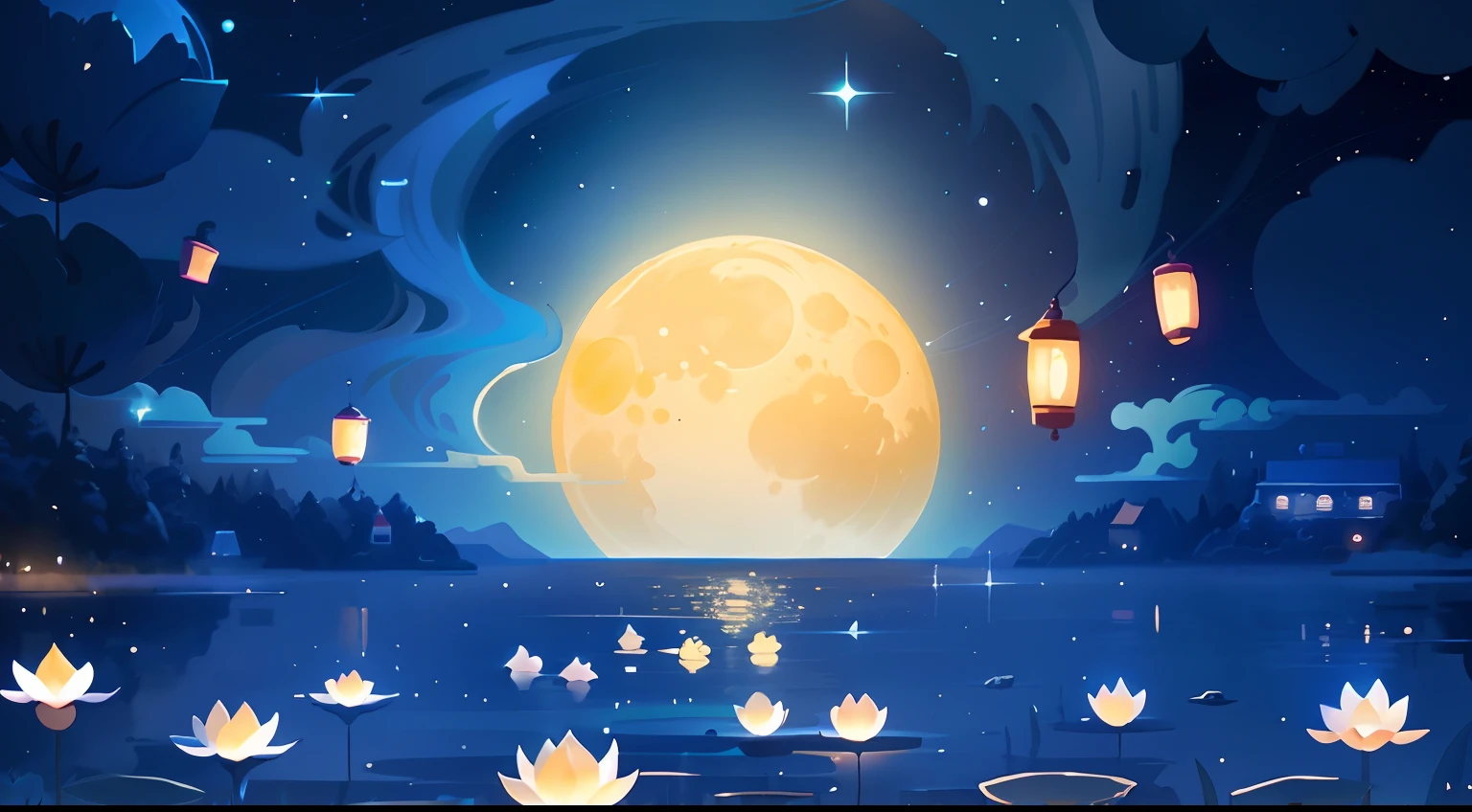 There is a cartoon image of the moon, calm evening,Under the surface of the water,Moonlight reflects out the number 20, Digital illustration, background artwork, Mid-Autumn Festival illustration, moonlit starry sky environment, moonlit night dreamy atmosphere, rays of moonlight, game background, arte de fundo, Moonlight background, A beautiful artwork illustration,