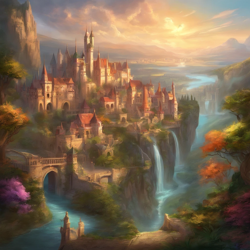 medeival fantasy town, massive city, Beautiful city with gardens, monuments, Palace and beautiful building, A magnificent fantasy city