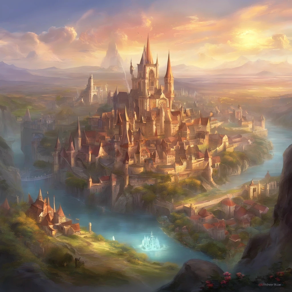 medeival fantasy town, massive city, Beautiful city with gardens, monuments, Palace and beautiful building, A magnificent fantasy city