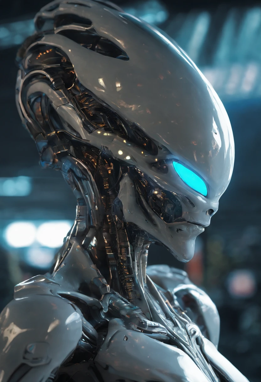 A translucent ethereal alien,A mech wearing a ceramic glaze luster,Hard surface performance,streamlined line design,It has refined features in a sci-fi environment, glowing from within, Sparks and lights, Close-up, Realistic, Highly detailed, iintricate
