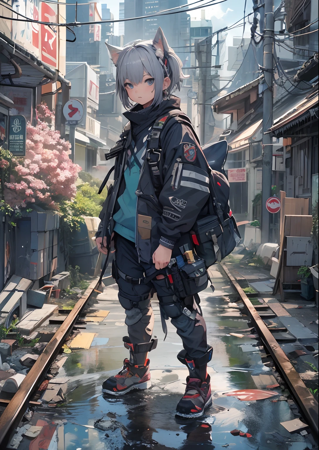 1boy,Man's ,Cyberpunk Boy、katanas,machine gun、Cat's ears、silber hair、poneyTail、Whole body bloody、The beginning of the adventure、Into the cloud、Chaotic city of the future、ruined and devastated city、Very complex Japan buildings、railroad crossing、Trees、Warm lighting、puddles、Chaotic landscape、Beautiful and fantastic scenery、Cinematic scenery、hightquality、masutepiece,8K、hight resolution、ultra-detailliert,
