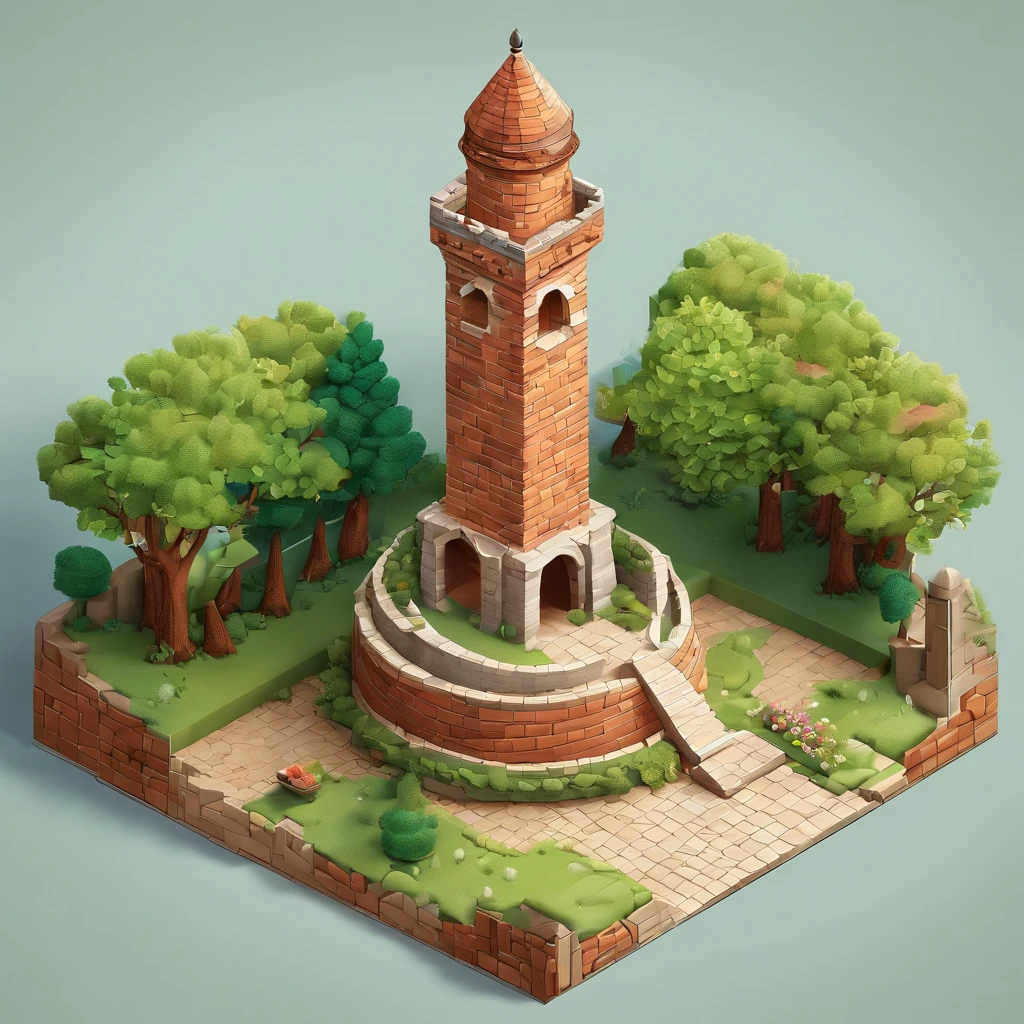 absurderes, Best quality, fantasy, isometry, Kneeling style (Miniature brick round tower:1.2), tree, stone wall, (Simple background:1.2)