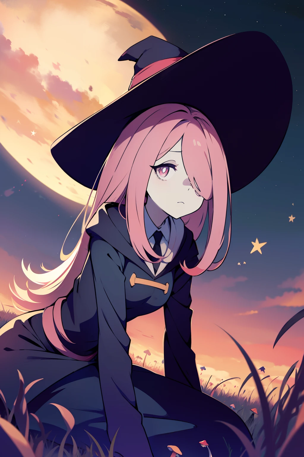 masterpiece,best quality,high quality, best quality, 4k,8k,Sucy Manbavaran, witch hat, dull pink hair, night sky, stars, hair over eye, illustration,anime style, pale skin, droopy eyes, sleepy expression, curvy, sitting on rock, field of mushrooms, hands at side,anmnr, anime artstyle, bags under eyes
