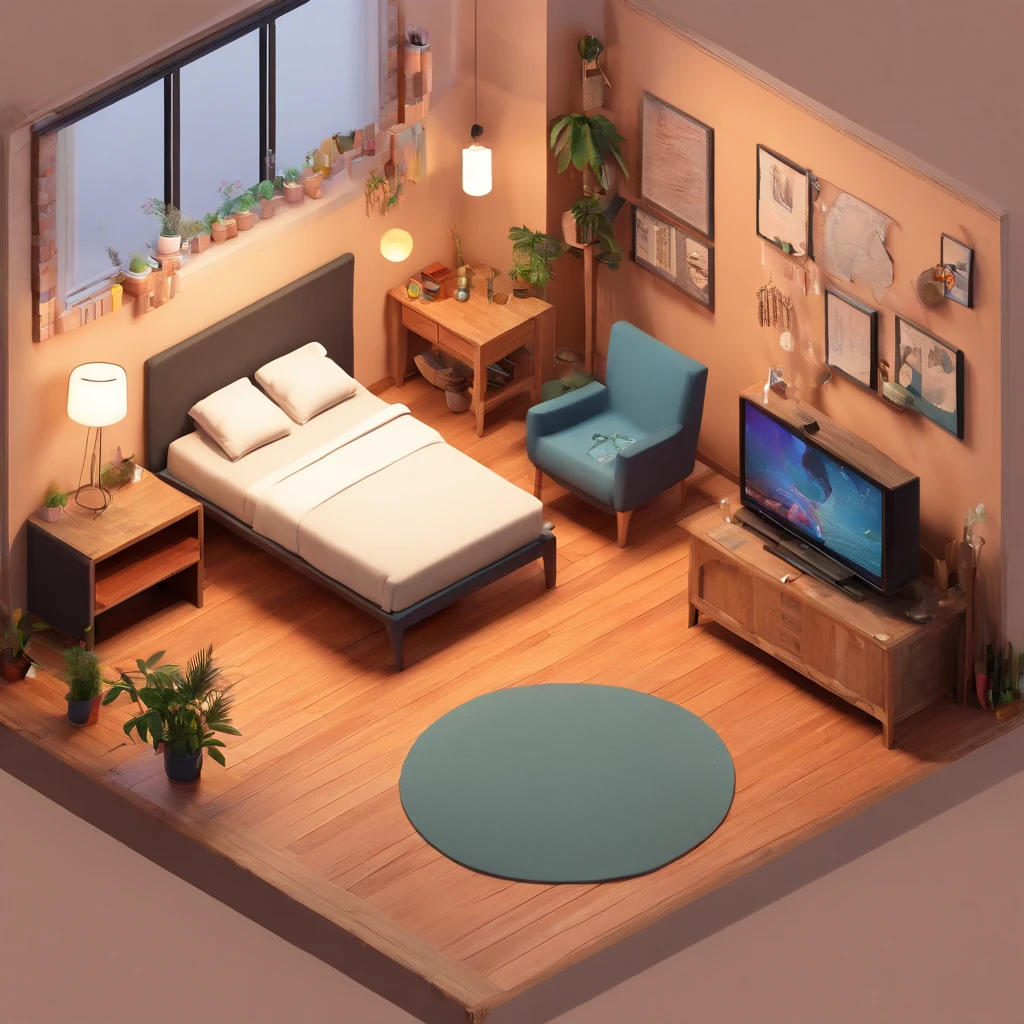 (Isometric perspective:1.5),(Pixar style:1.2), Room, Bed, sofe,(Small bonsai:0.8),table light, Tv, wall paintings, 。.3D,Disney,panoramic photo,White background, Solid Backgroud,Global illumination, Ray traching, Modeling,hdr,rendering by octane,unreal render,behans,dribbble,art stations,Best quality, 8K