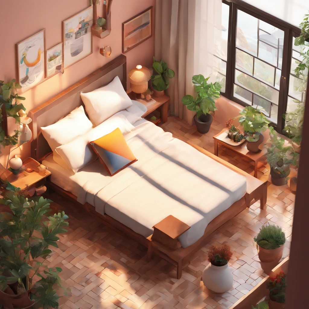 (Isometric perspective:1.5),(Pixar style:1.2), Room, Bed, sofe,(Small bonsai:0.8),table light, Tv, wall paintings, 。.3D,Disney,panoramic photo,White background, Solid Backgroud,Global illumination, Ray traching, Modeling,hdr,rendering by octane,unreal render,behans,dribbble,art stations,Best quality, 8K