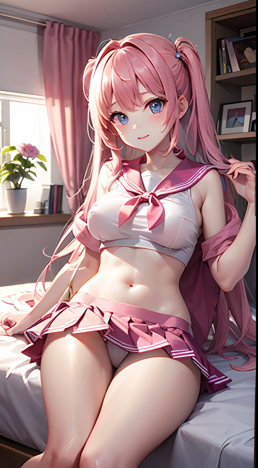 Beautiful illustration、top-quality、 s、Bedroom、A pink-haired、long whitr hair、(((Pink pleated skirt)))、(((Pink sailor suit)))、short- sleeved、huge tit、a navel、Turn up the skirt with your hands、showing white panties、Pull up the skirt，The reveal panties、Bare legged、eBlue eyes、on top of the bed、Lovely thighs、glowing thigh