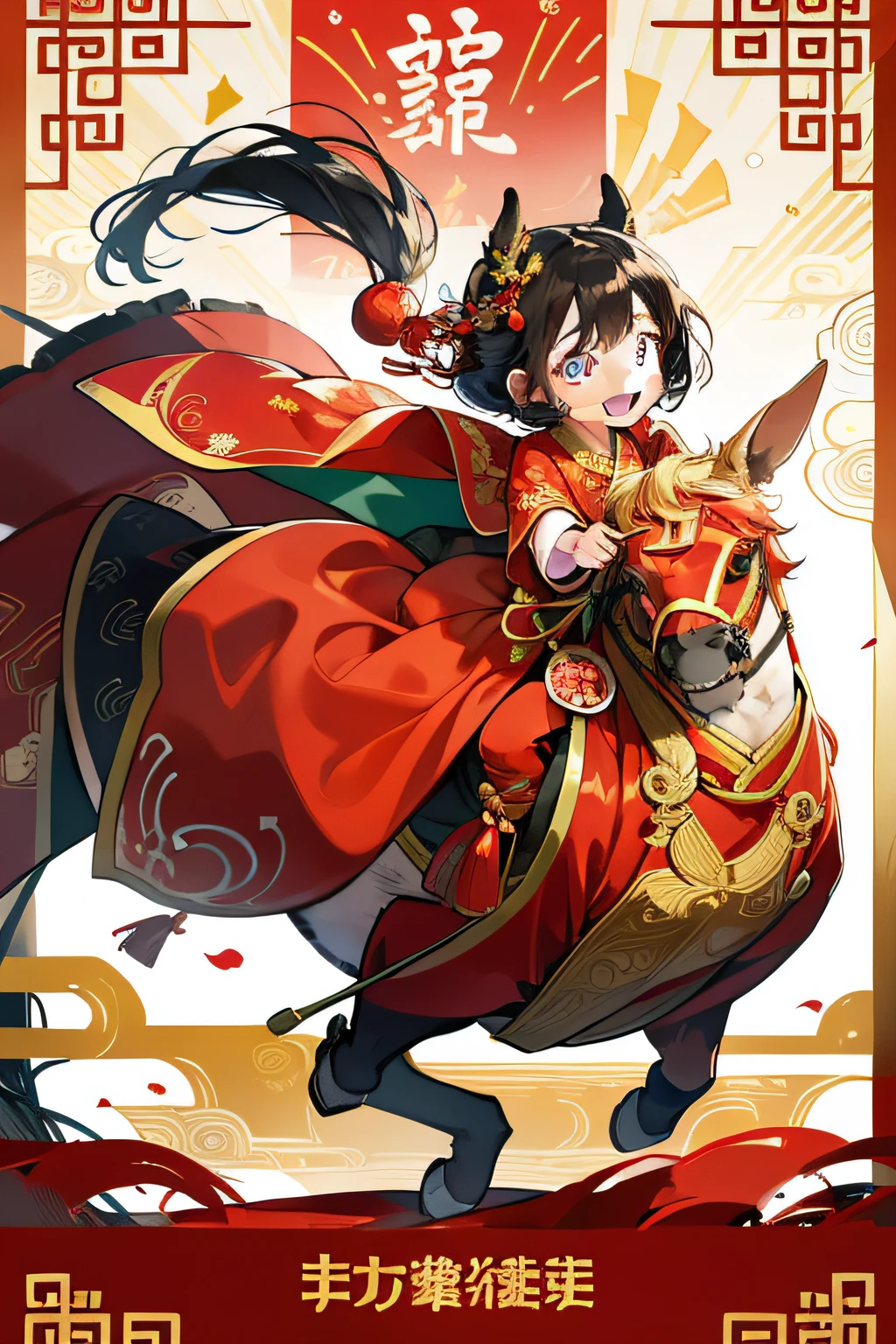 Convey the image of a happy horse Child in Chinese costume,Red festive cute poster celebrating the New Year Festive atmosphere The words of the Year of the Horse are commercial There is an atmosphere of joy Chinese traditional horses