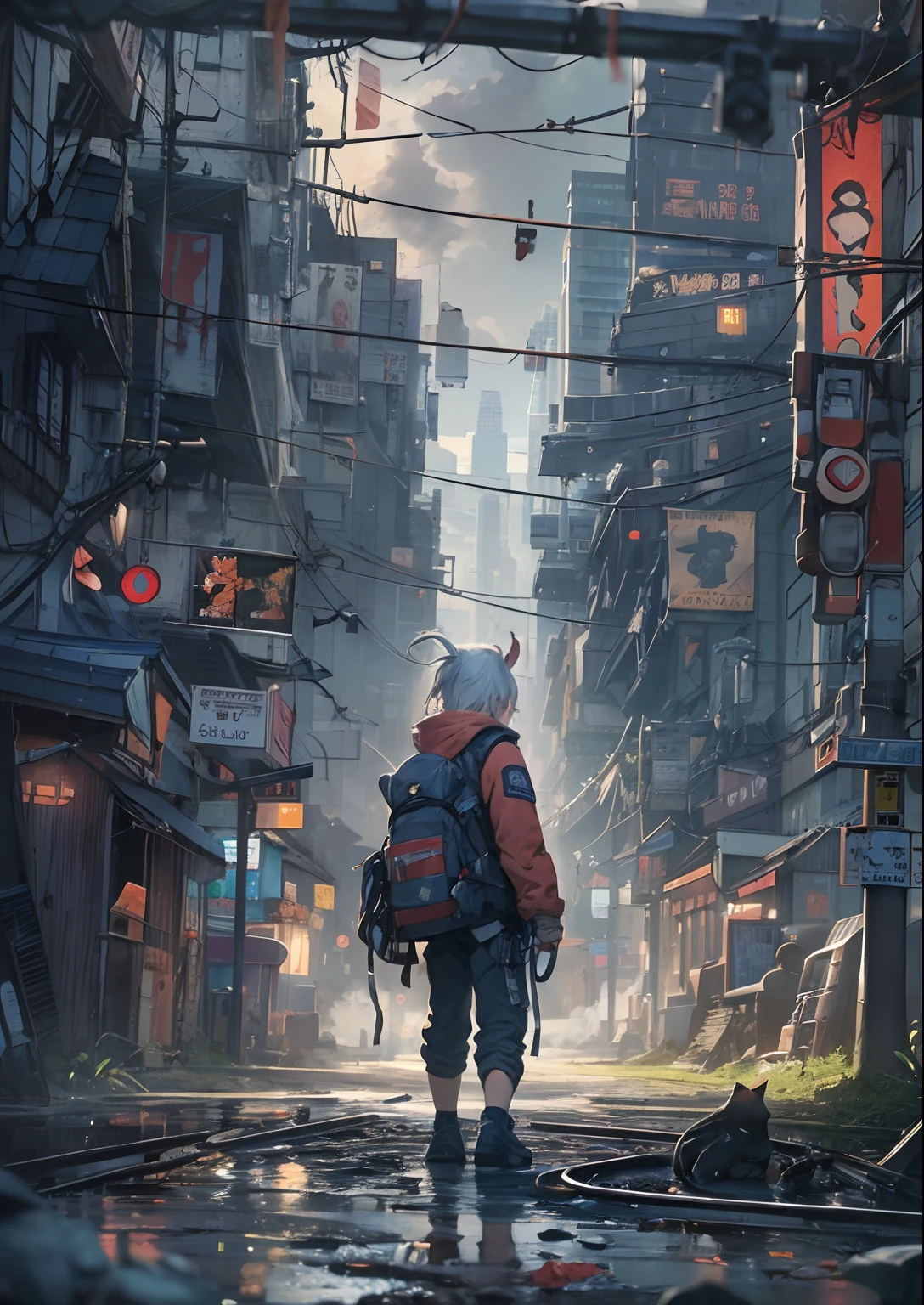1boy,Man's ,Cyberpunk Boy、katanas,machine gun、Cat's ears、silber hair、poneyTail、Whole body bloody、The beginning of the adventure、Into the cloud、Chaotic city of the future、ruined and devastated city、Very complex Japan buildings、railroad crossing、Trees、Warm lighting、puddles、Chaotic landscape、Beautiful and fantastic scenery、Cinematic scenery、hightquality、masutepiece,8K、hight resolution、ultra-detailliert,