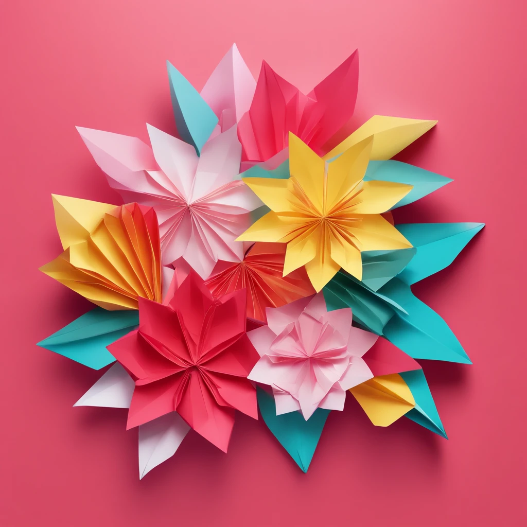 Flowers, Paper cut art style, Neon candy color, Simple, Stylish, Bright, White space, 。.3D, Redshift, Arnold renderer, High detail, High quality, 8K