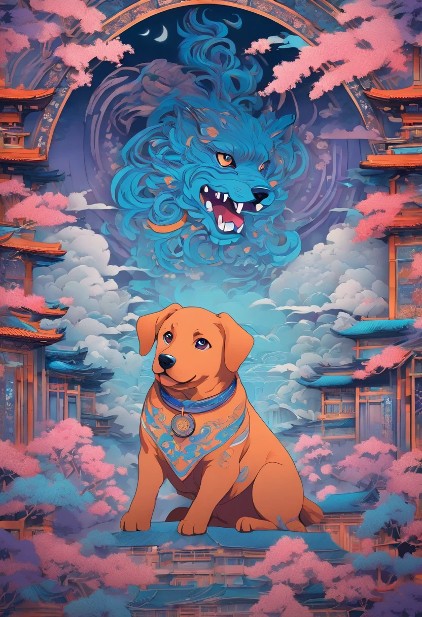 the dog is in bluein this paper cut illustration, in the style of eastern-inspired motifs, lith printing, eye-catching tags, precisionist lines, light purple and cblue, clean and sharp inking, terracotta medallions