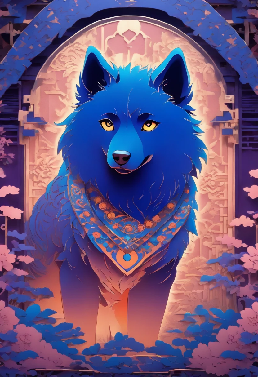 the dog is in bluein this paper cut illustration, in the style of eastern-inspired motifs, lith printing, eye-catching tags, precisionist lines, light purple and cblue, clean and sharp inking, terracotta medallions