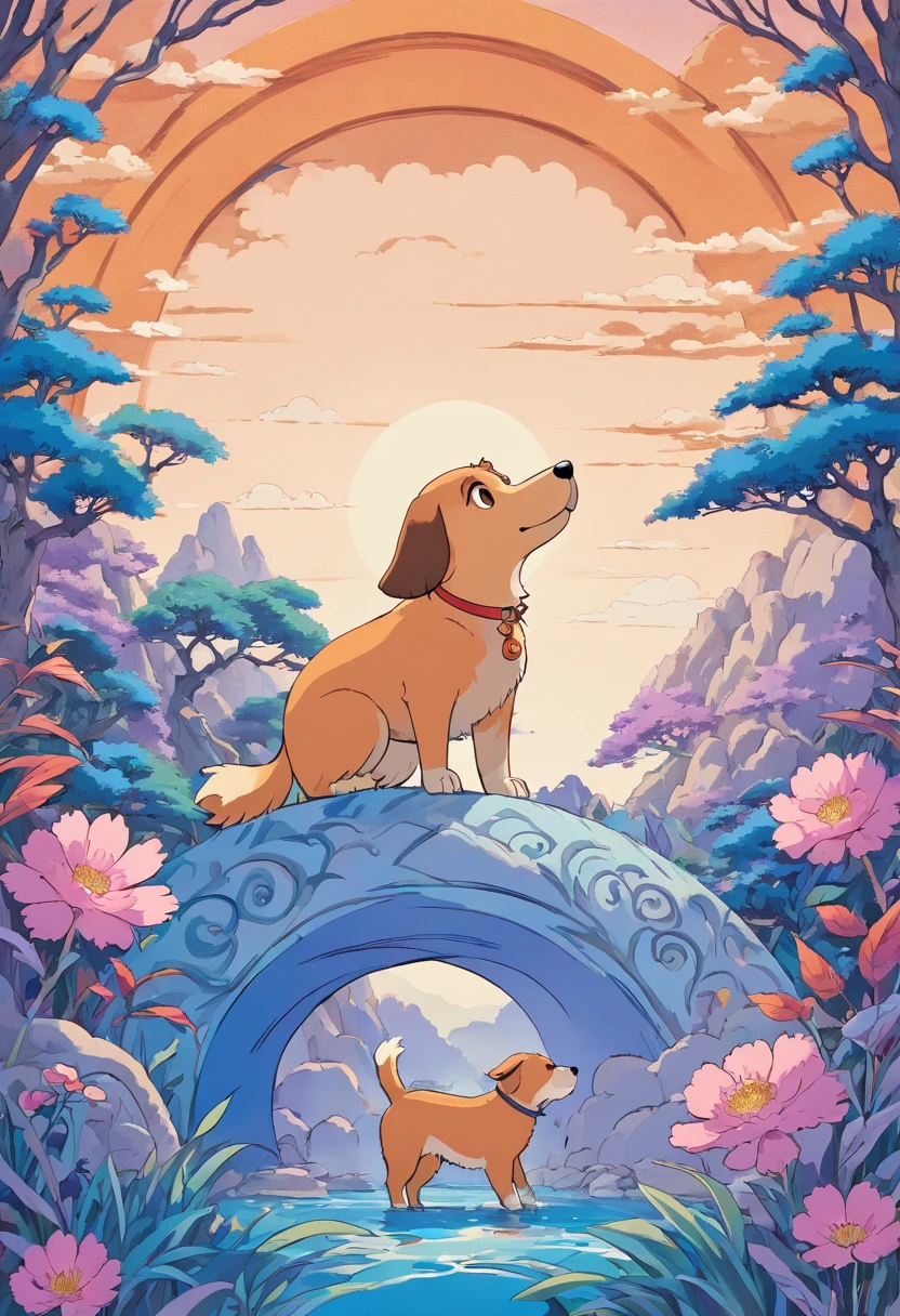 the dog is in bluein this paper cut illustration, in the style of eastern-inspired motifs, lith printing, eye-catching tags, precisionist lines, light purple and cblue, clean and sharp inking, terracotta medallions