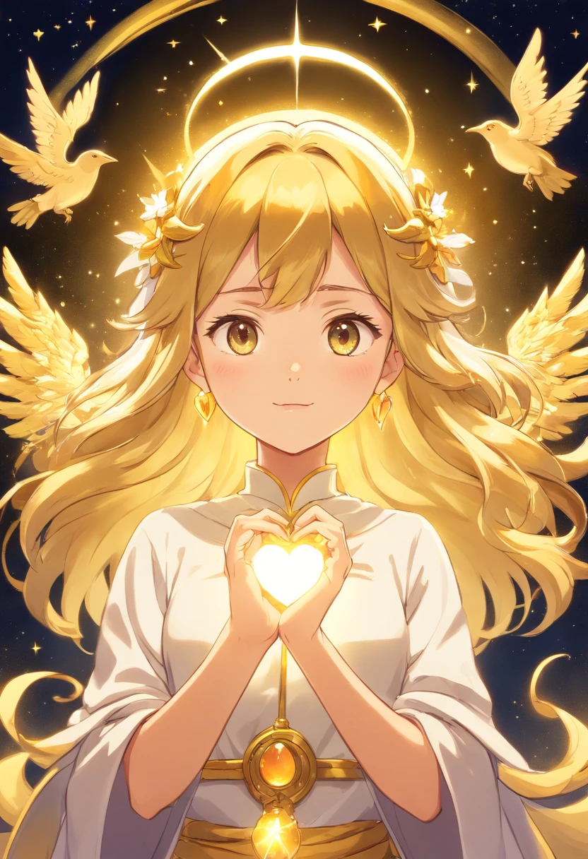 (Golden Goddess Freyer, Majestic Goddess of Love and Magic, Her hands shine with mysterious power.Her hands shine warm and charmingly.Her presence is a light of hope and joy.Her golden aura is、It is a shining golden aura of love and protection.Shooting star brilliance、Golden moonlight、Beautiful Finger、Detailed heart-shaped aura at your fingertips、